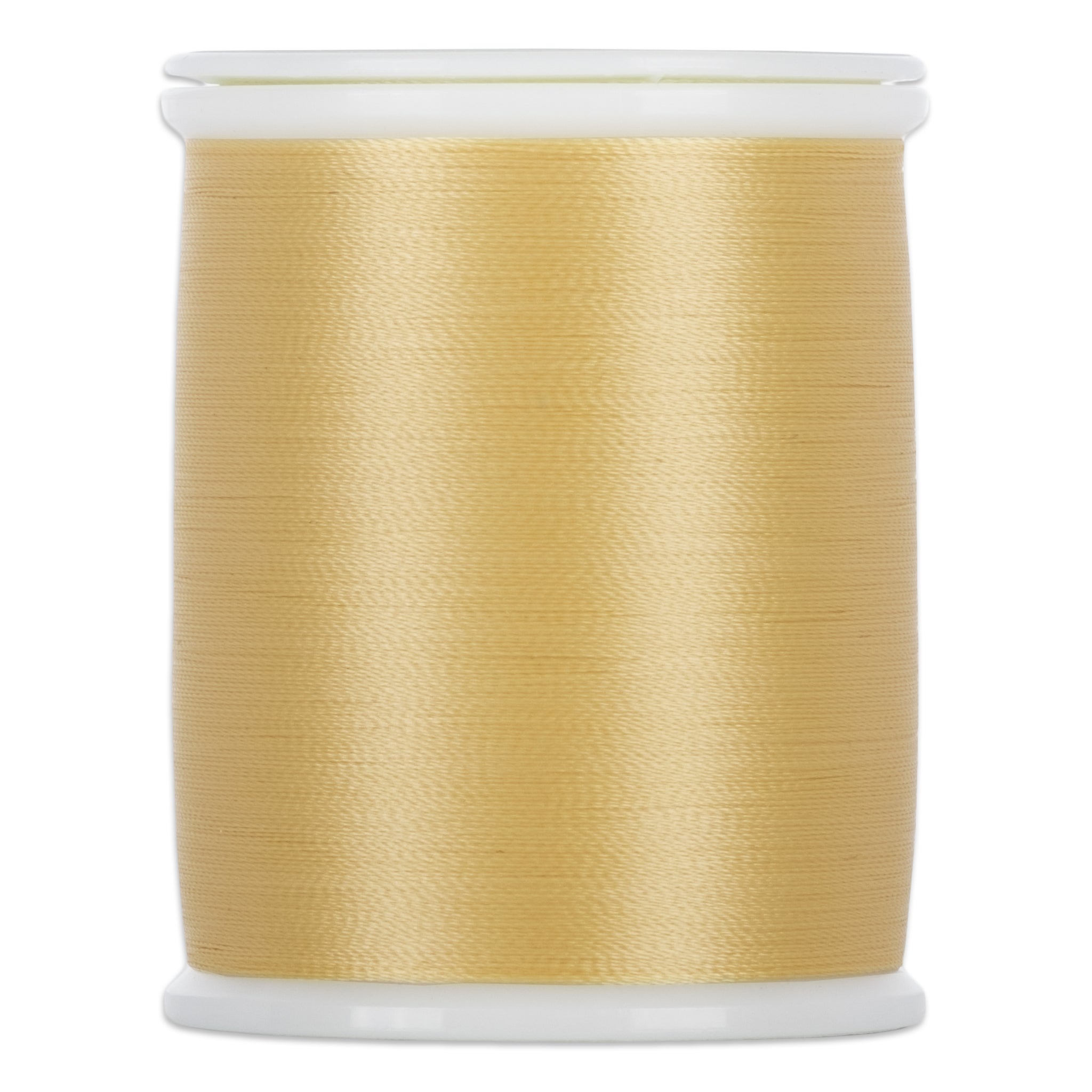 Light gold thread wound on white plastic spool with smooth, lustrous finish
