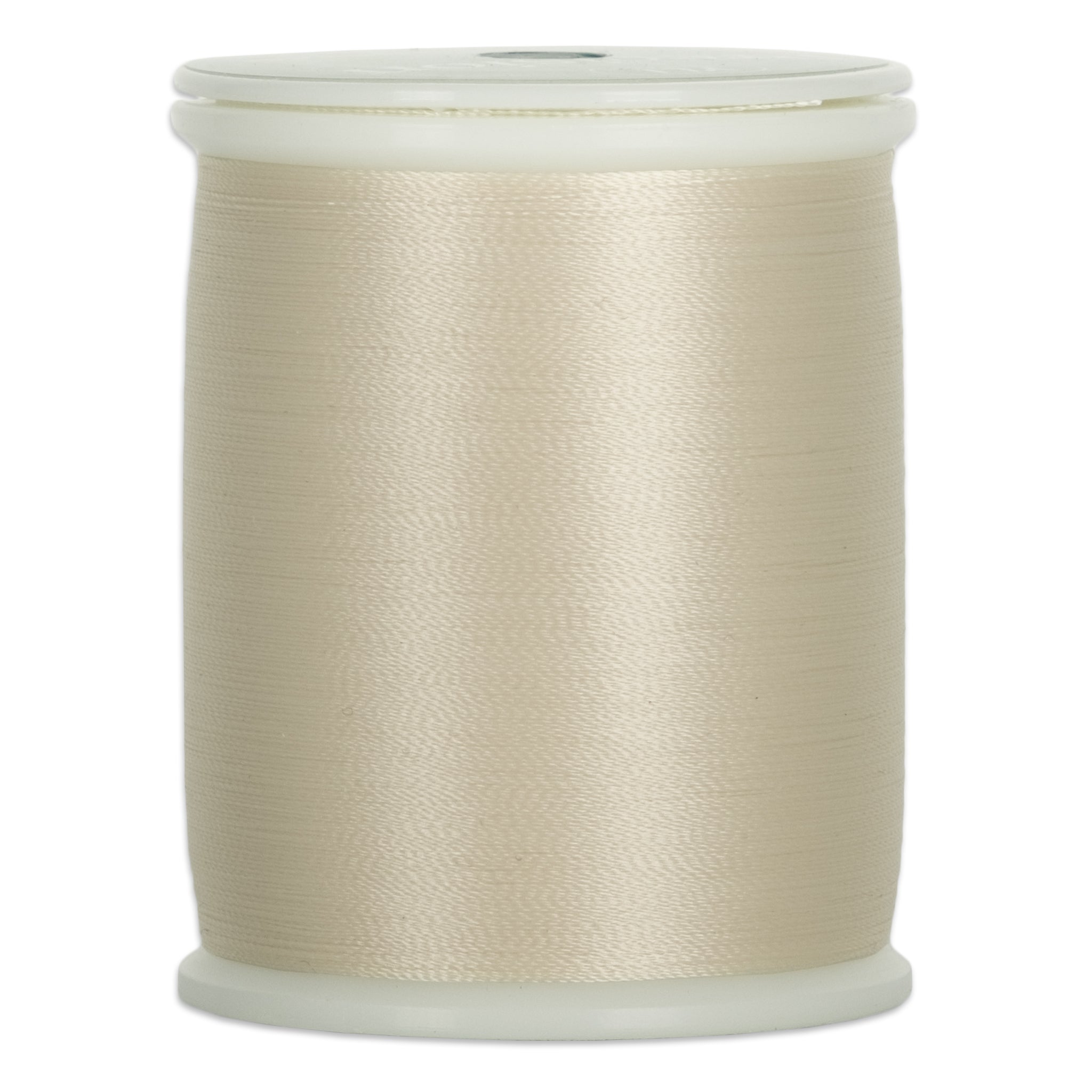 Cream-colored thread wound on white plastic spool with visible thread texture and smooth finish
