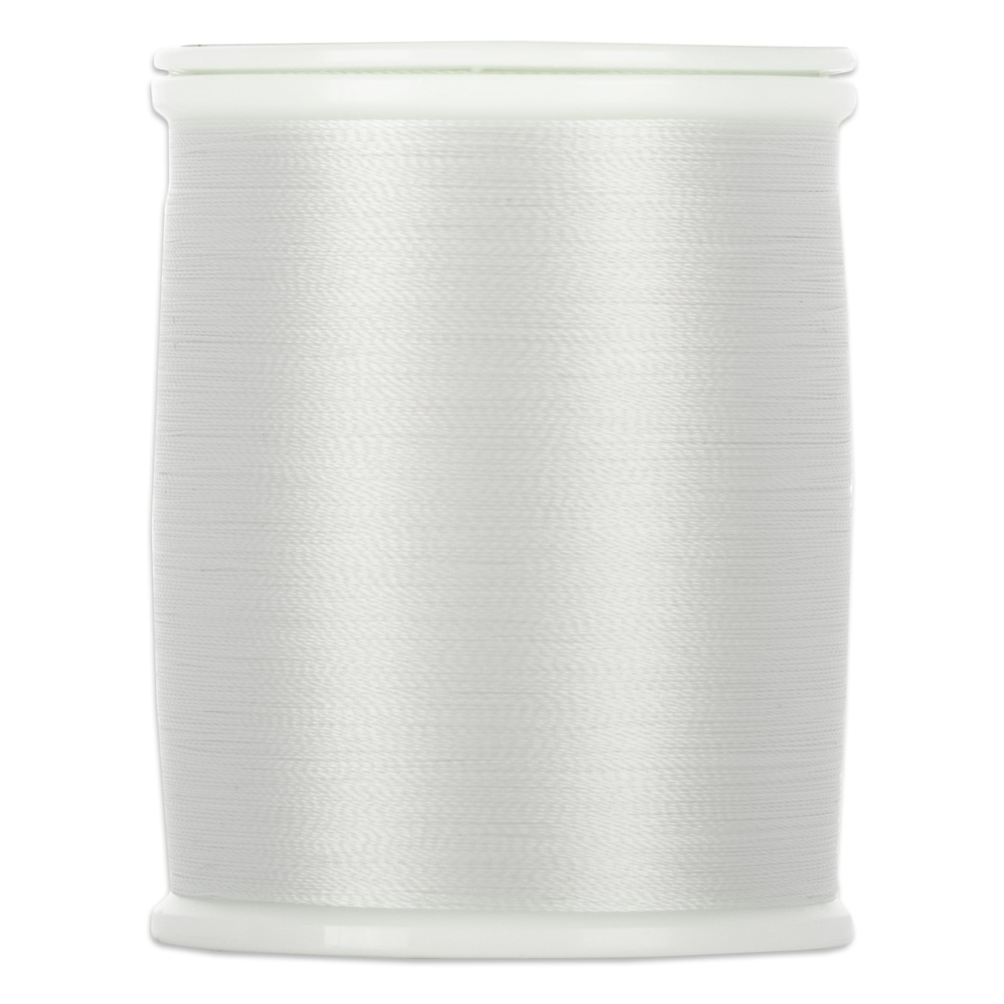 White 60 weight precision thread on plastic spool with clear protective bands at top and bottom