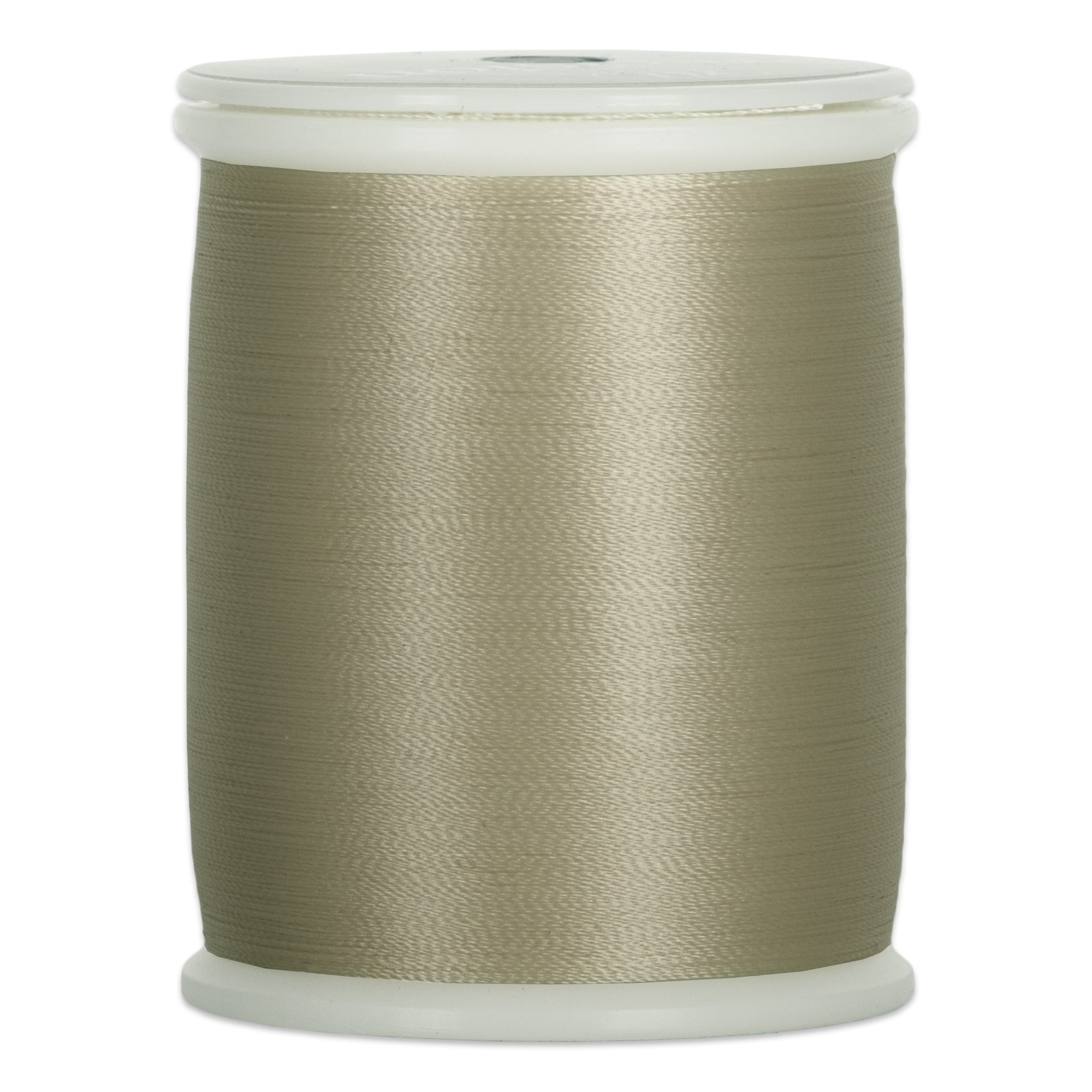 Khaki colored thread wound on white plastic spool with smooth, lustrous finish