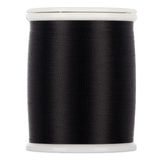 Black thread wound on white plastic spool with visible thread texture and clean edges
