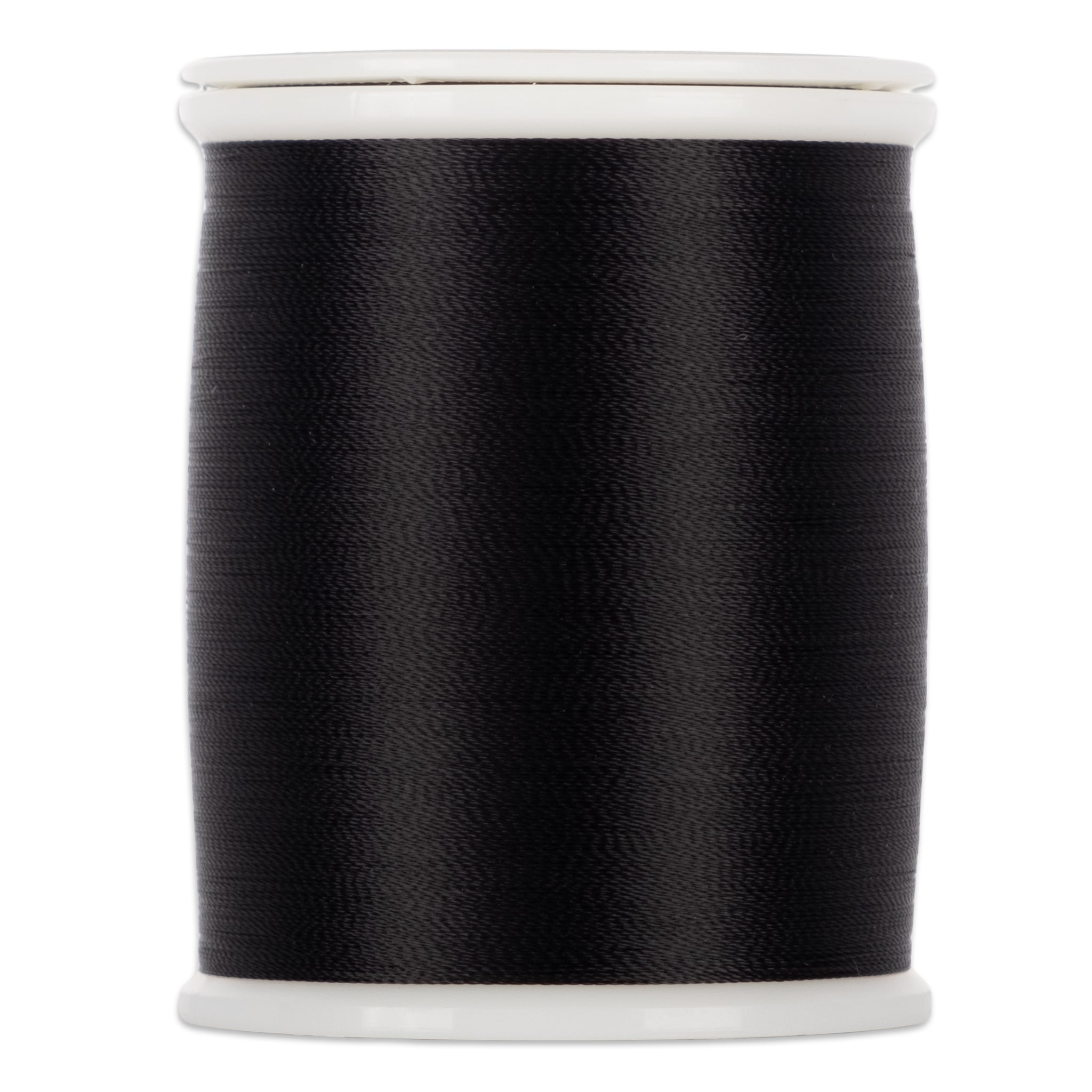 Black thread wound on white plastic spool with visible thread texture and clean edges