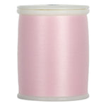 Pink carnation 60 weight precision thread wound on white plastic spool with clear top and bottom rims