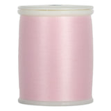 Pink carnation 60 weight precision thread wound on white plastic spool with clear top and bottom rims