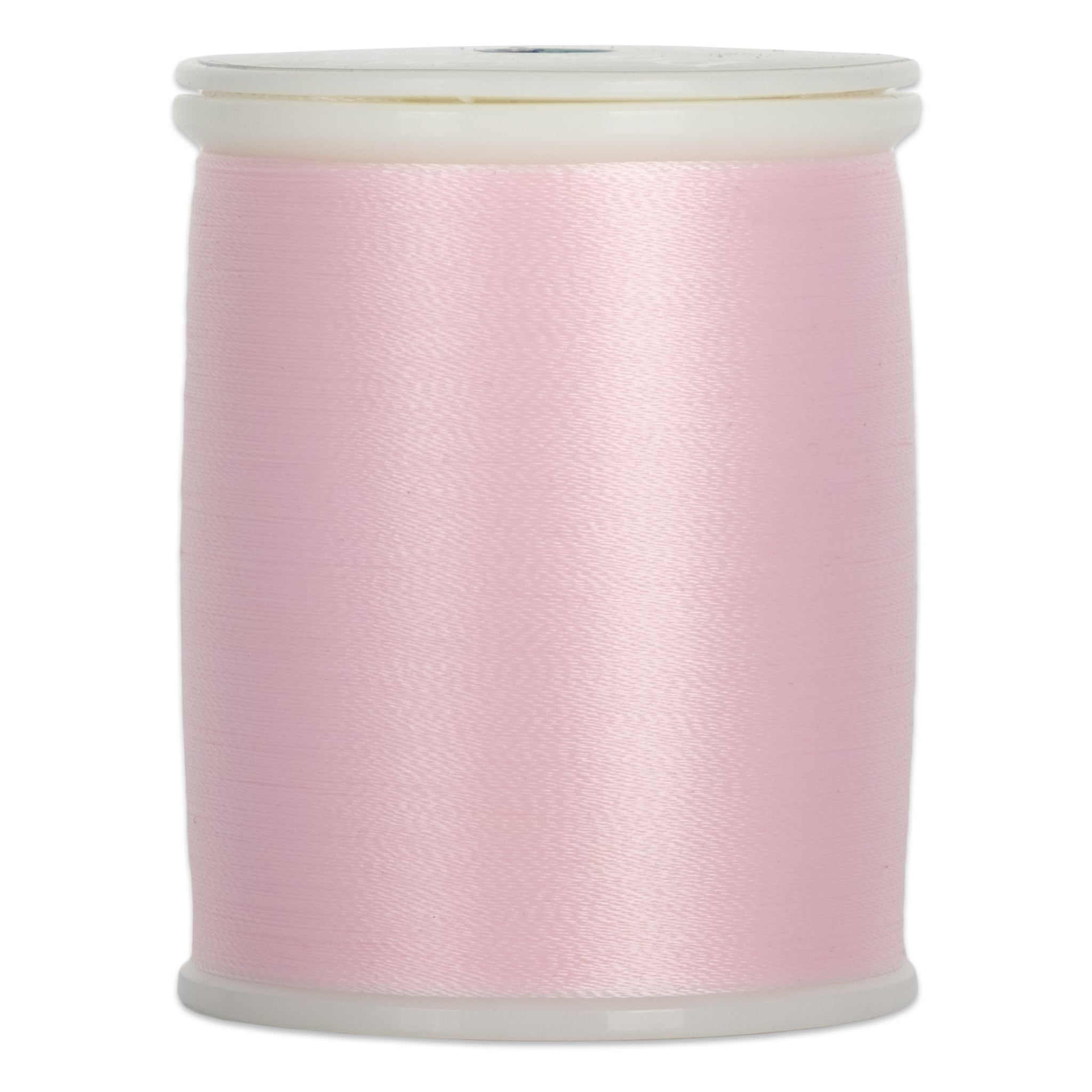 Pink carnation 60 weight precision thread wound on white plastic spool with clear top and bottom rims