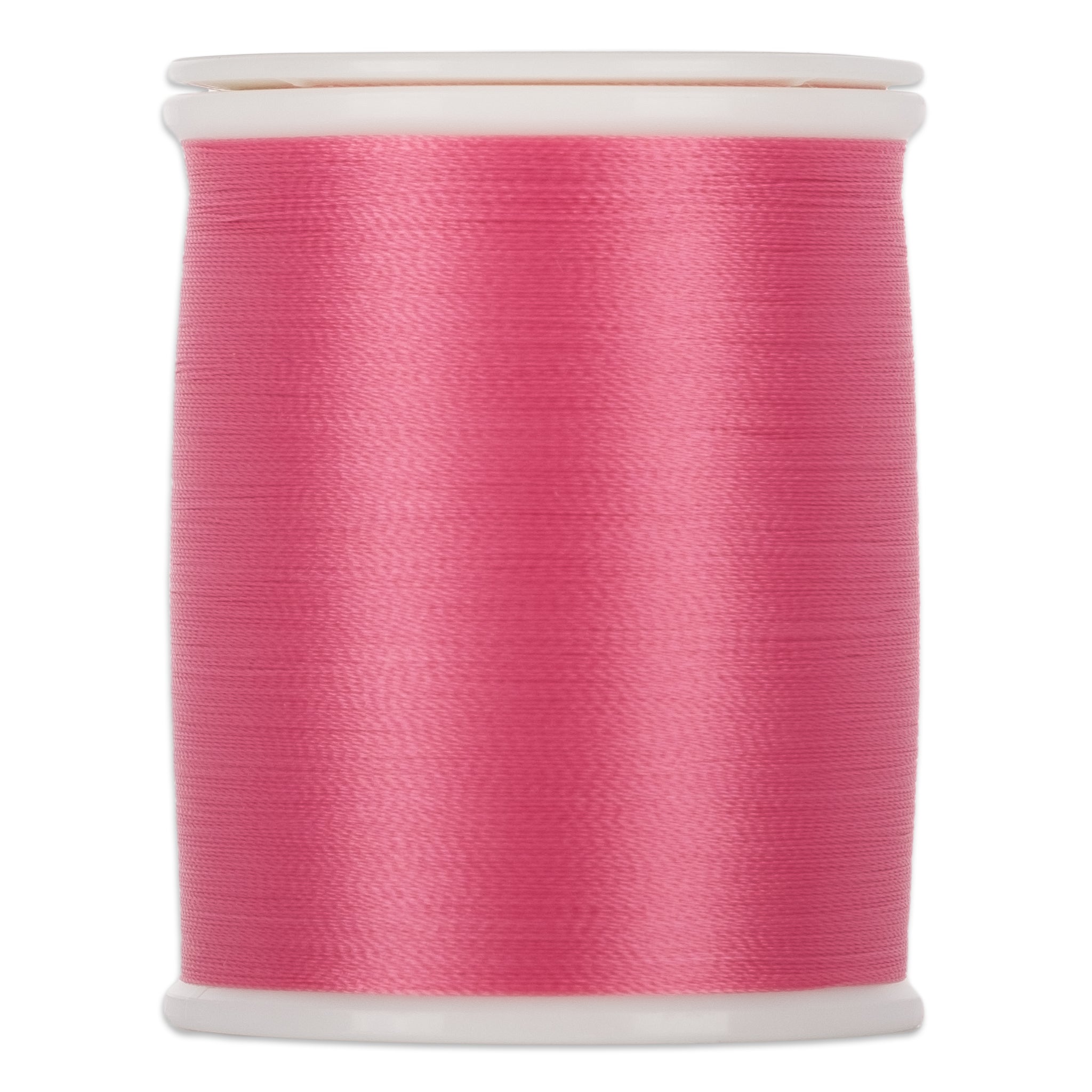 Pink thread wound on white plastic spool with visible thread texture and clean edges