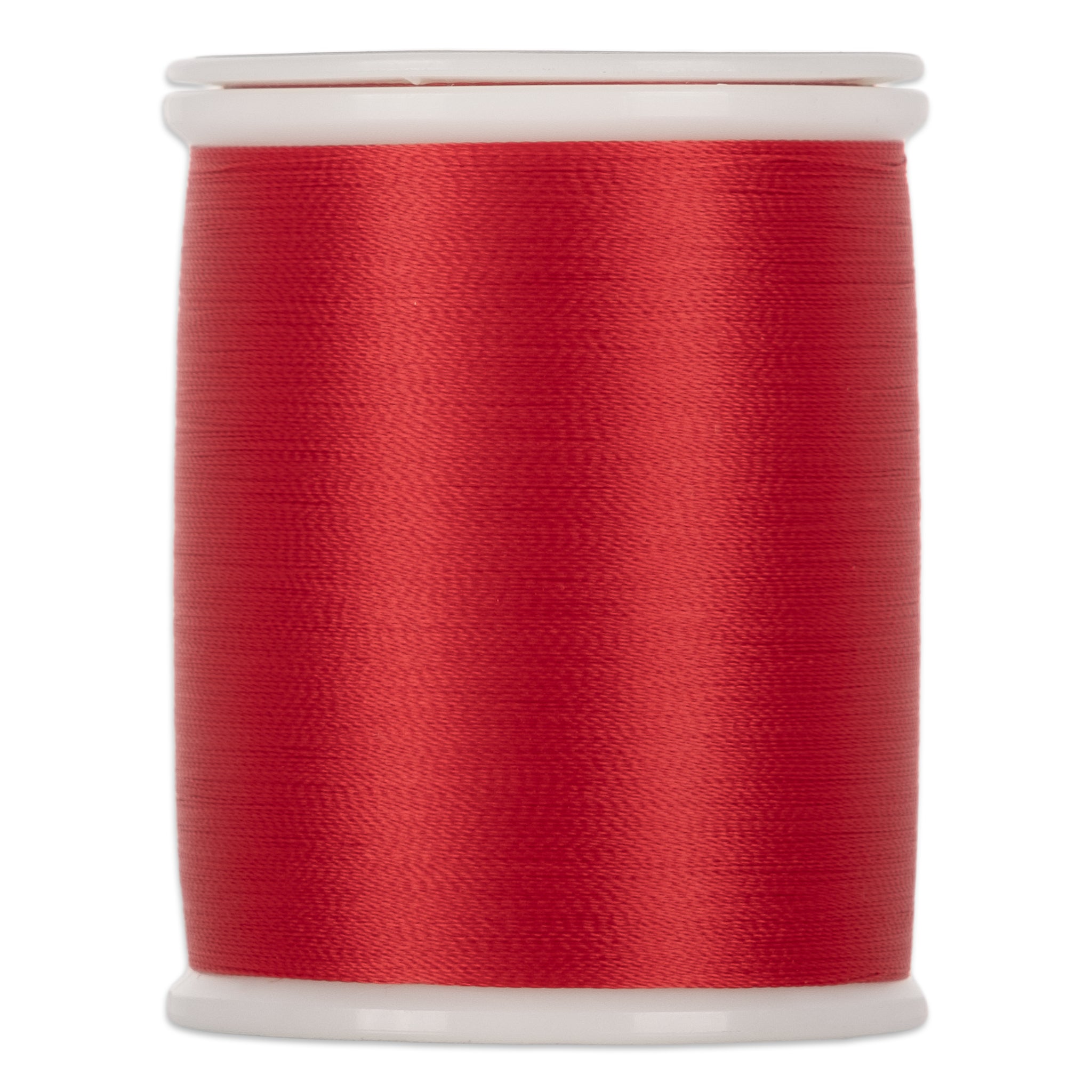 Red thread wound on white plastic spool with smooth, even wrapping and glossy finish