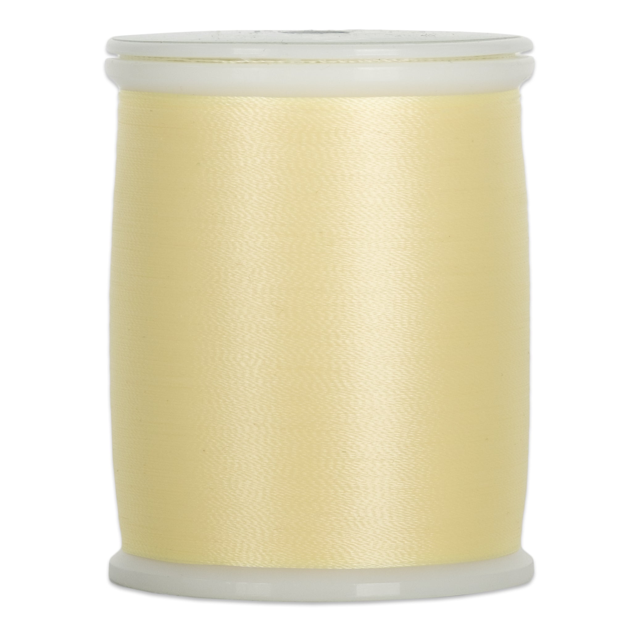 Light yellow thread wound on white plastic spool with clear plastic ends