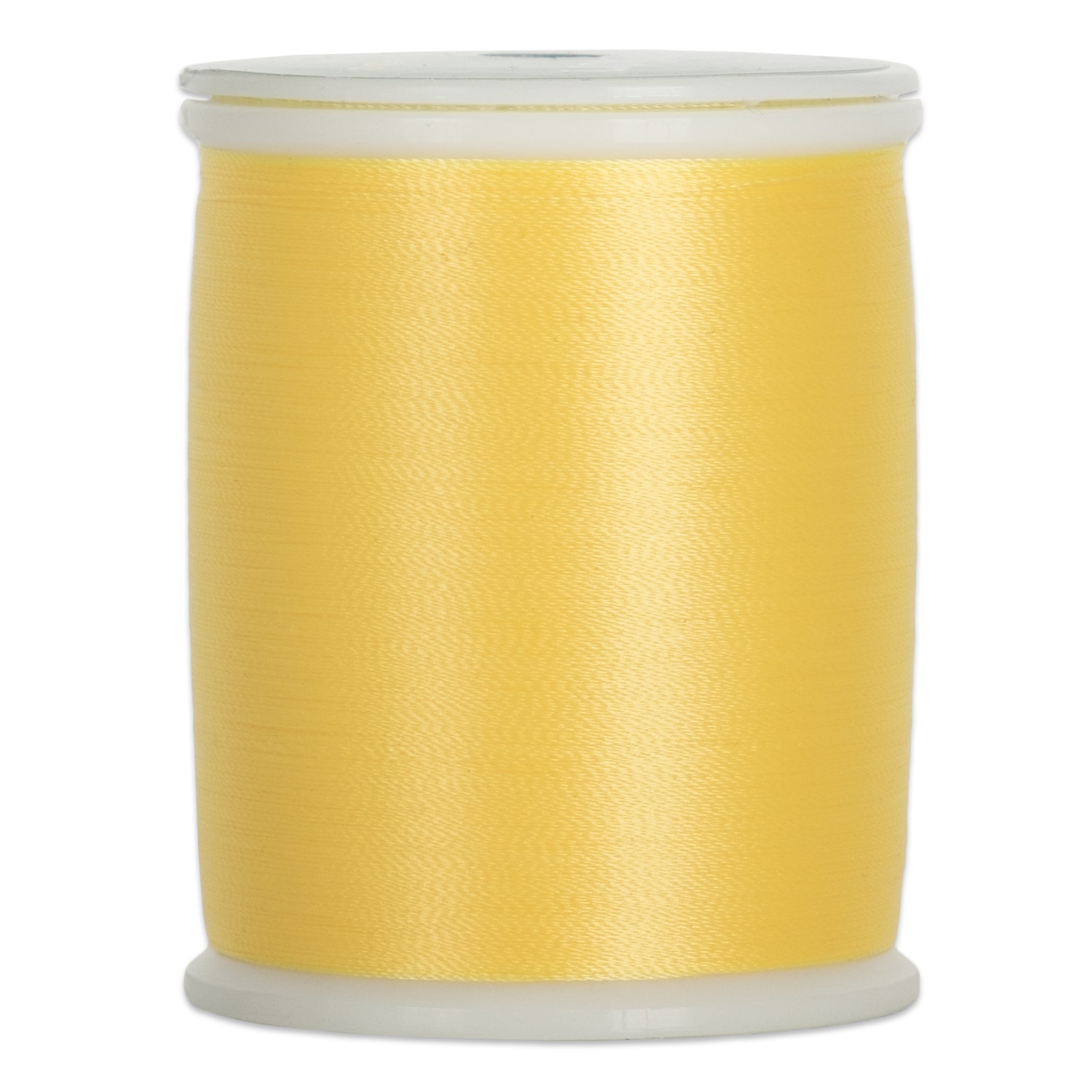 Yellow thread wound on white plastic spool with clear plastic ends