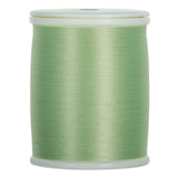 Spearmint green thread wound on white plastic spool with clear top and bottom rims