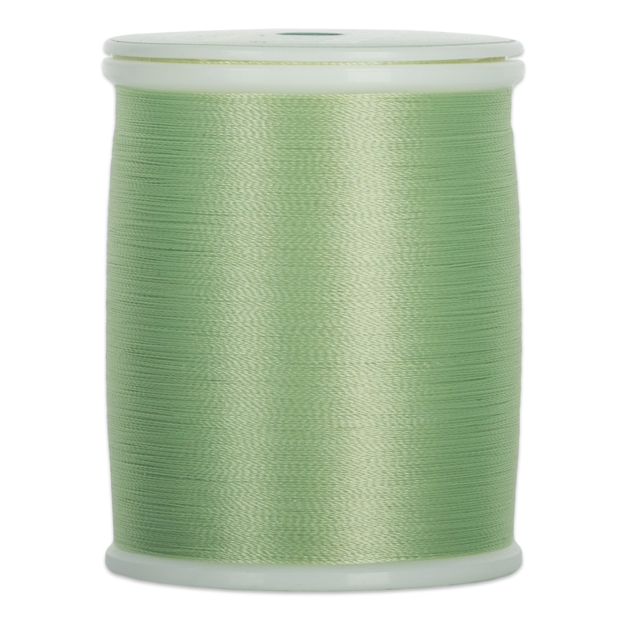 Spearmint green thread wound on white plastic spool with clear top and bottom rims