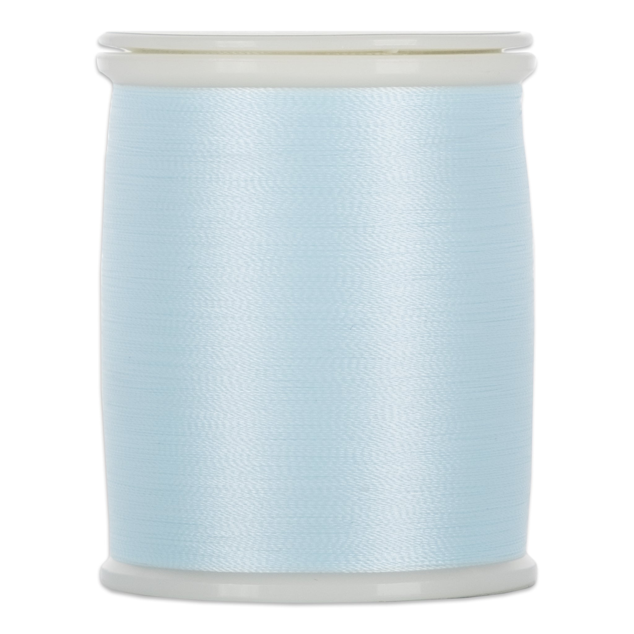 Light blue thread wound on white plastic spool with clear plastic ends