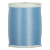 Blue pearl 60 weight thread on white plastic spool with smooth, lustrous finish