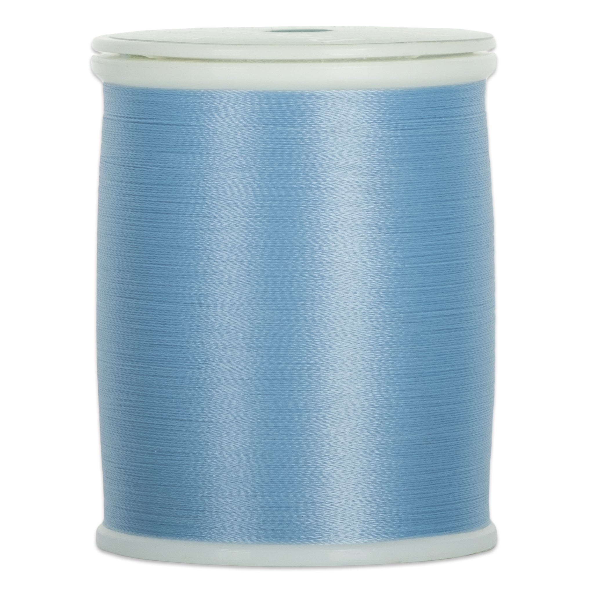 Blue pearl 60 weight thread on white plastic spool with smooth, lustrous finish