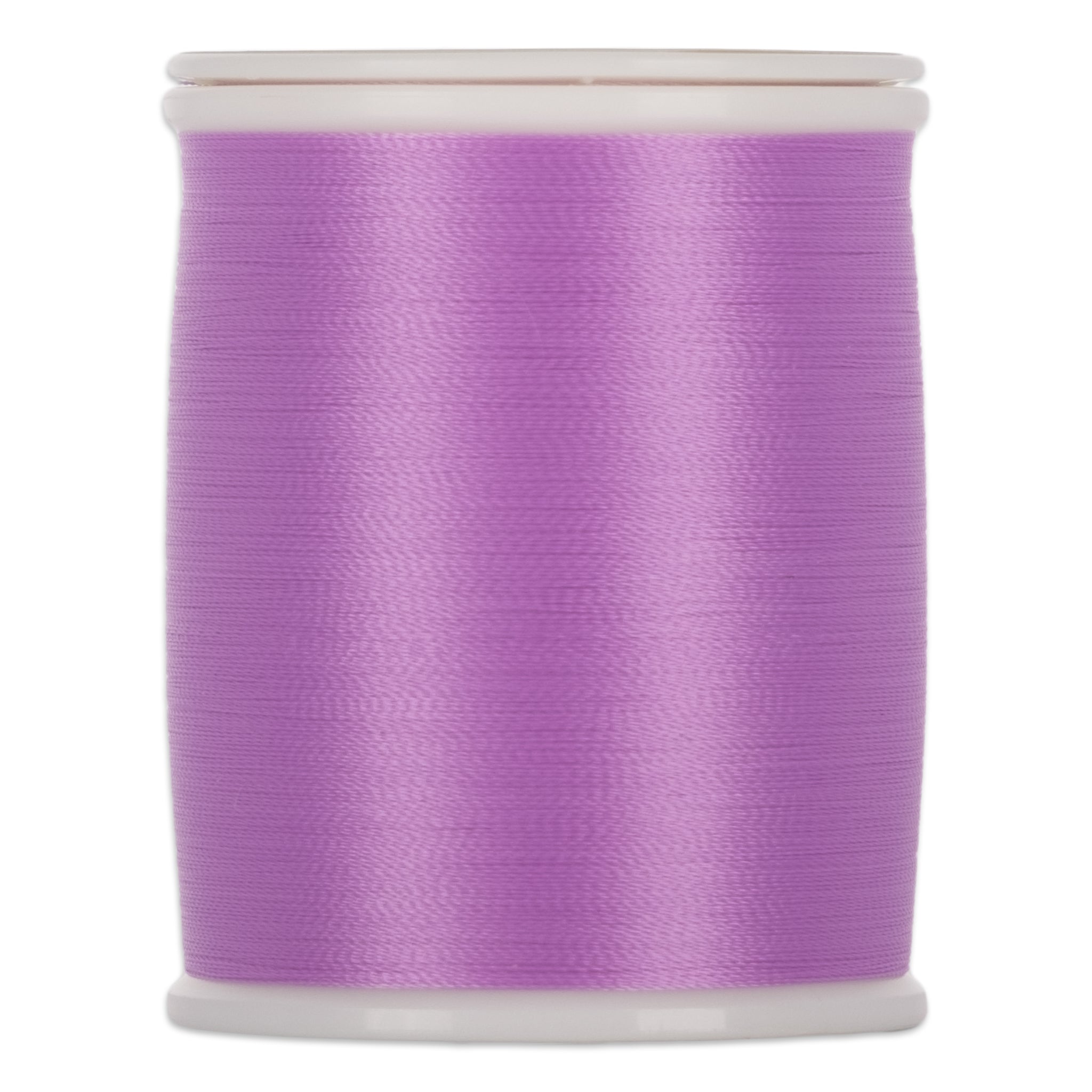 Purple thread wound on white plastic spool with smooth, even texture and slight sheen