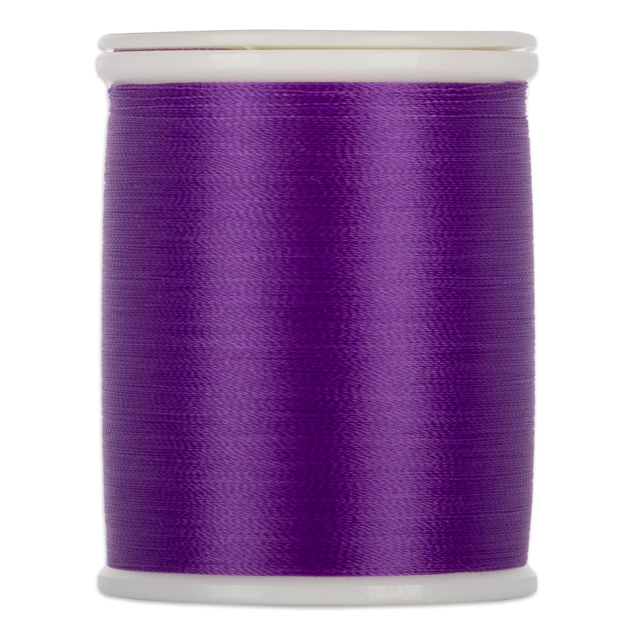 Royal purple thread wound on white plastic spool with clear bands at top and bottom