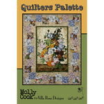 A floral quilt pattern featuring a large central bouquet surrounded by colorful patchwork squares in blues, pinks, and earth tones.