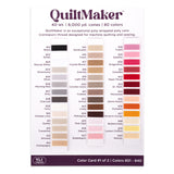 QuiltMaker thread color chart with 40 swatches numbered 801-840, showing blacks, whites, browns, pinks, reds, and yellows.