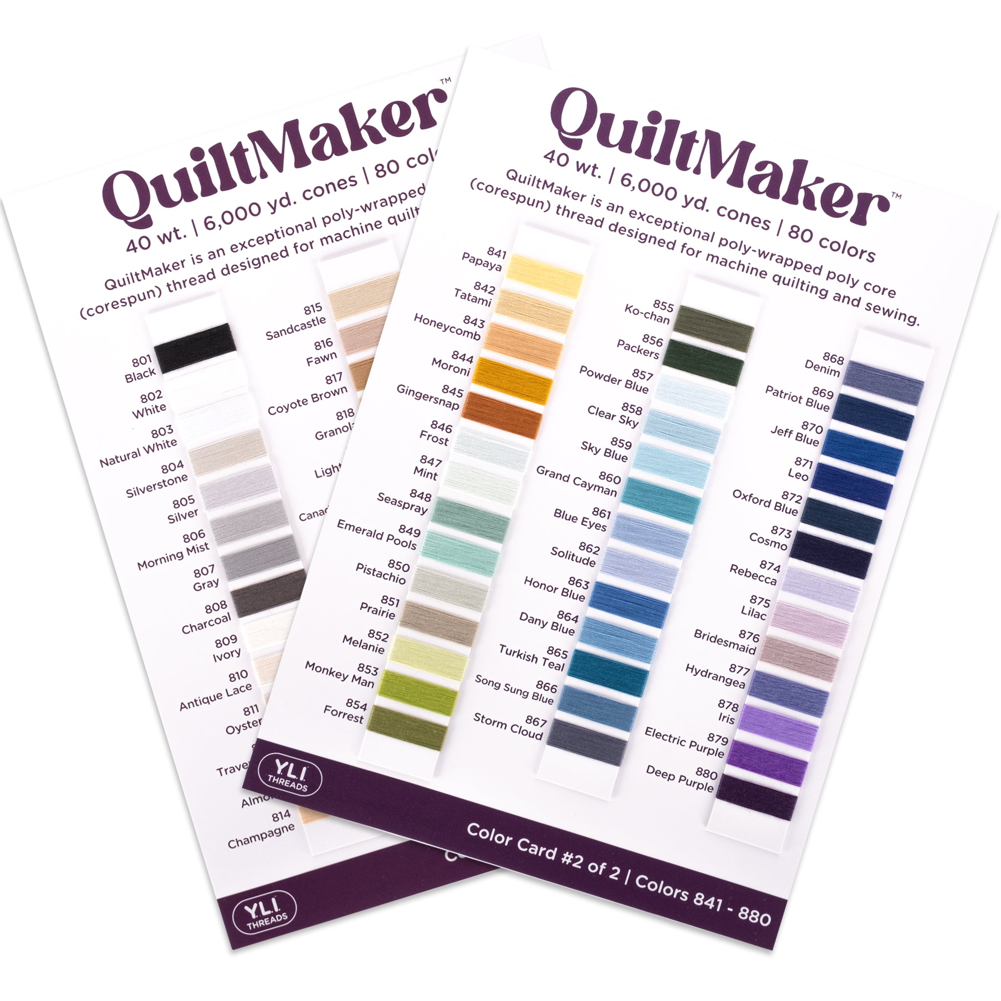 Two QuiltMaker thread color cards with 80 samples from black to purple, colors 801-880 for machine quilting.