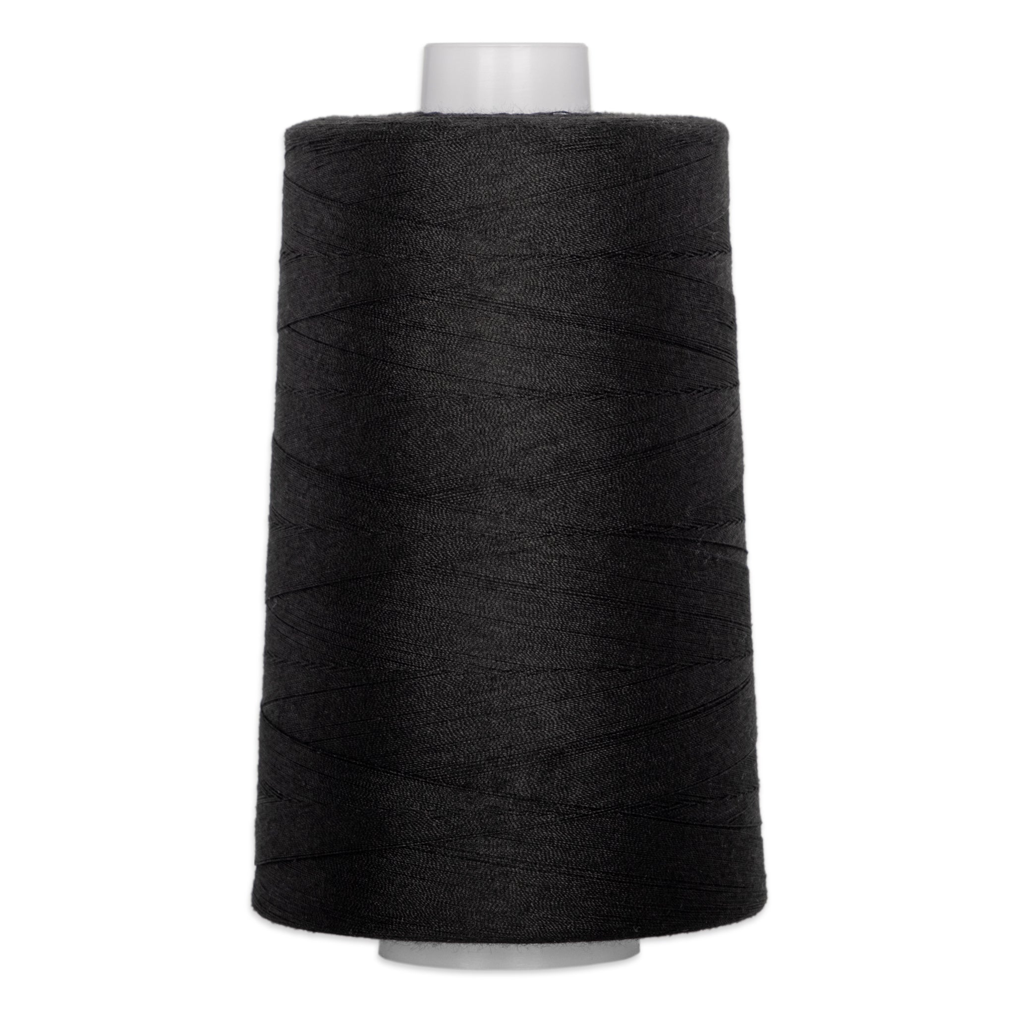 Black quilting thread wound on white plastic cone