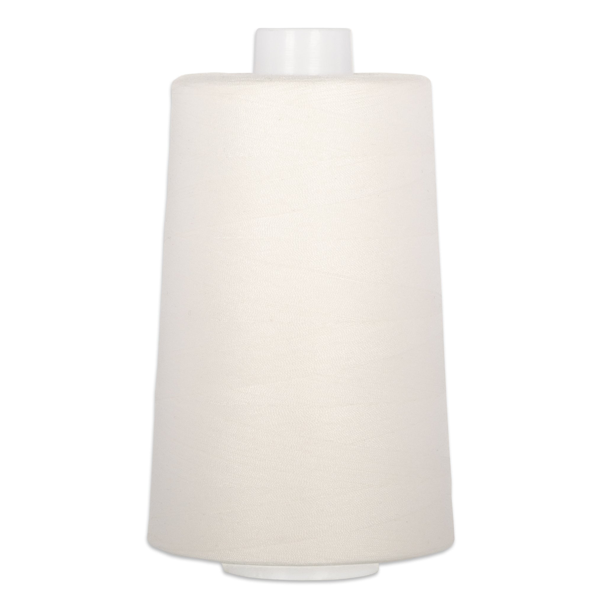 White thread on large white cone spool with plastic top