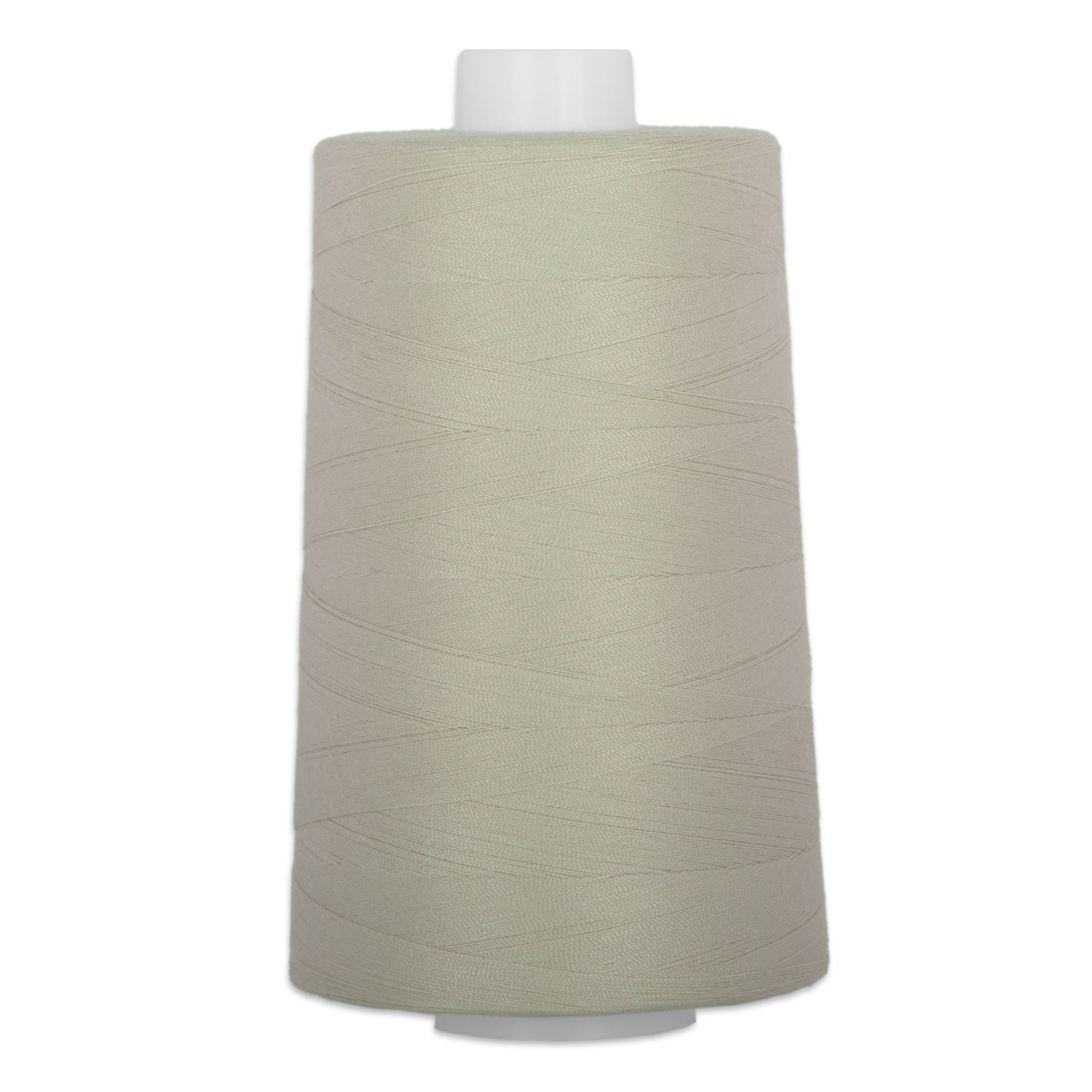 Light gray thread cone with white plastic top, showing neatly wound quilting thread in silverstone color