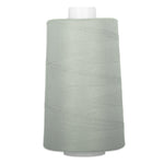 Silver thread cone with light gray polyester thread wound on white plastic spool