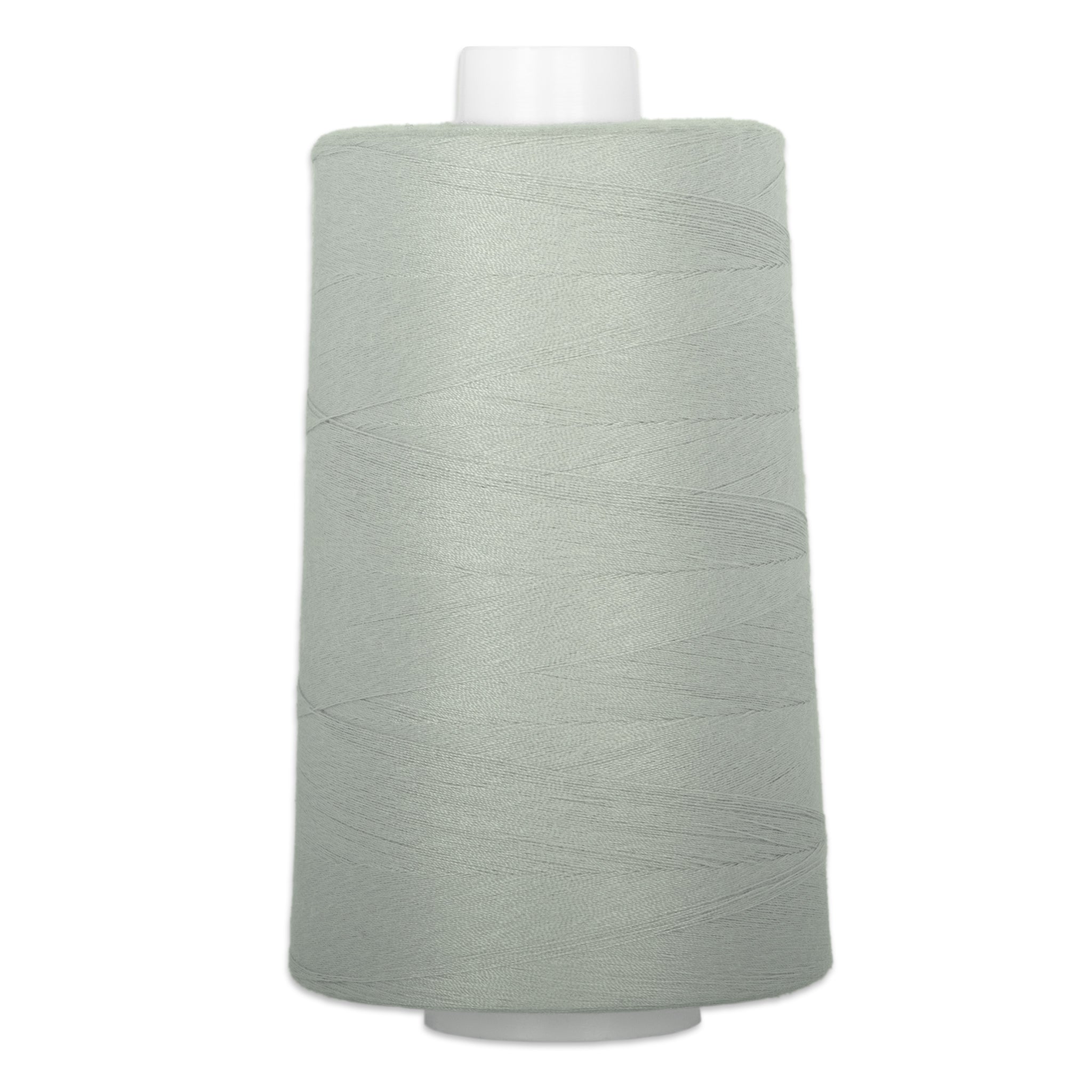 Silver thread cone with light gray polyester thread wound on white plastic spool