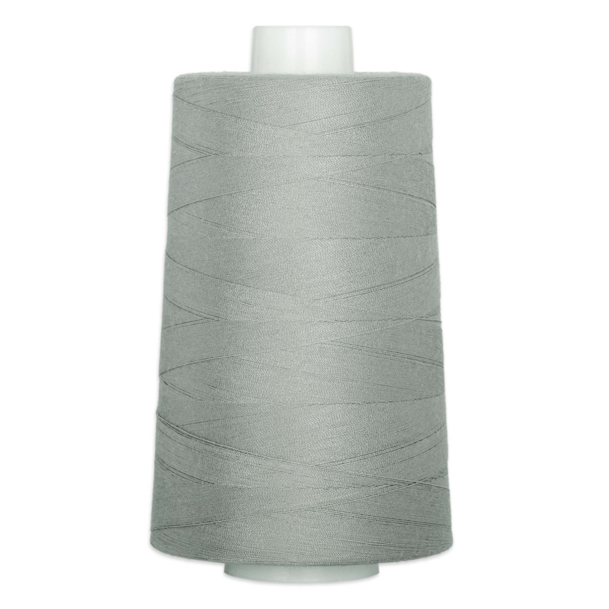Gray thread wound on white plastic cone spool