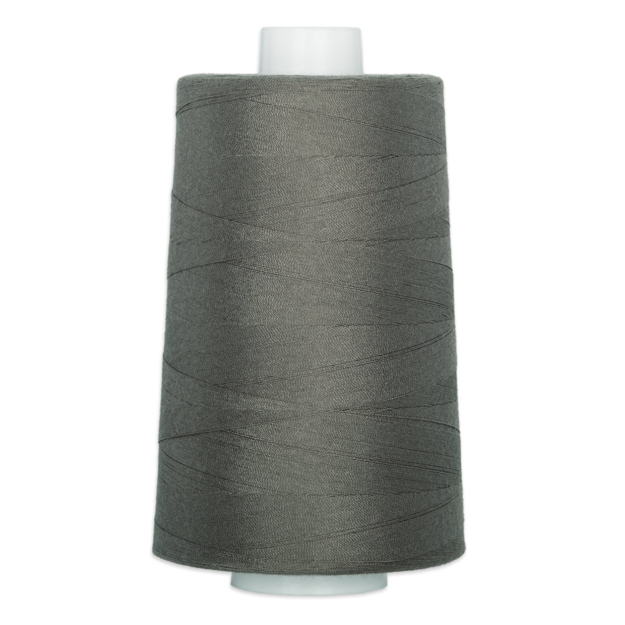 Charcoal gray thread wound on a large white cone spool