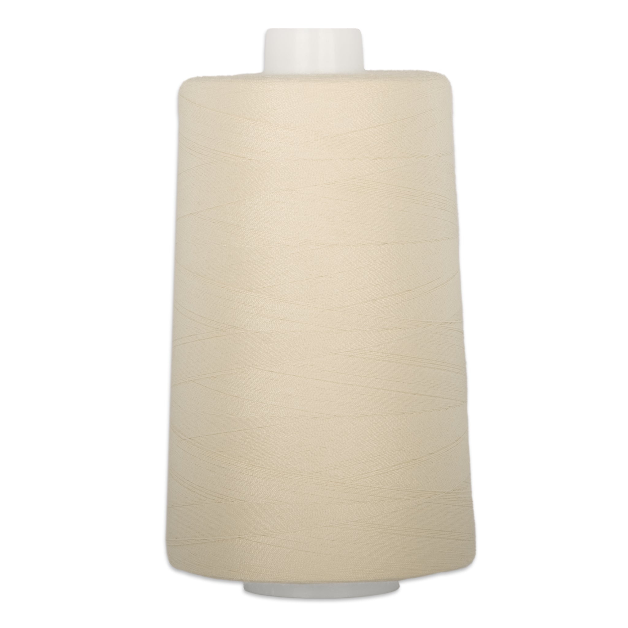Antique lace colored thread wound on large white cone spool with plastic top