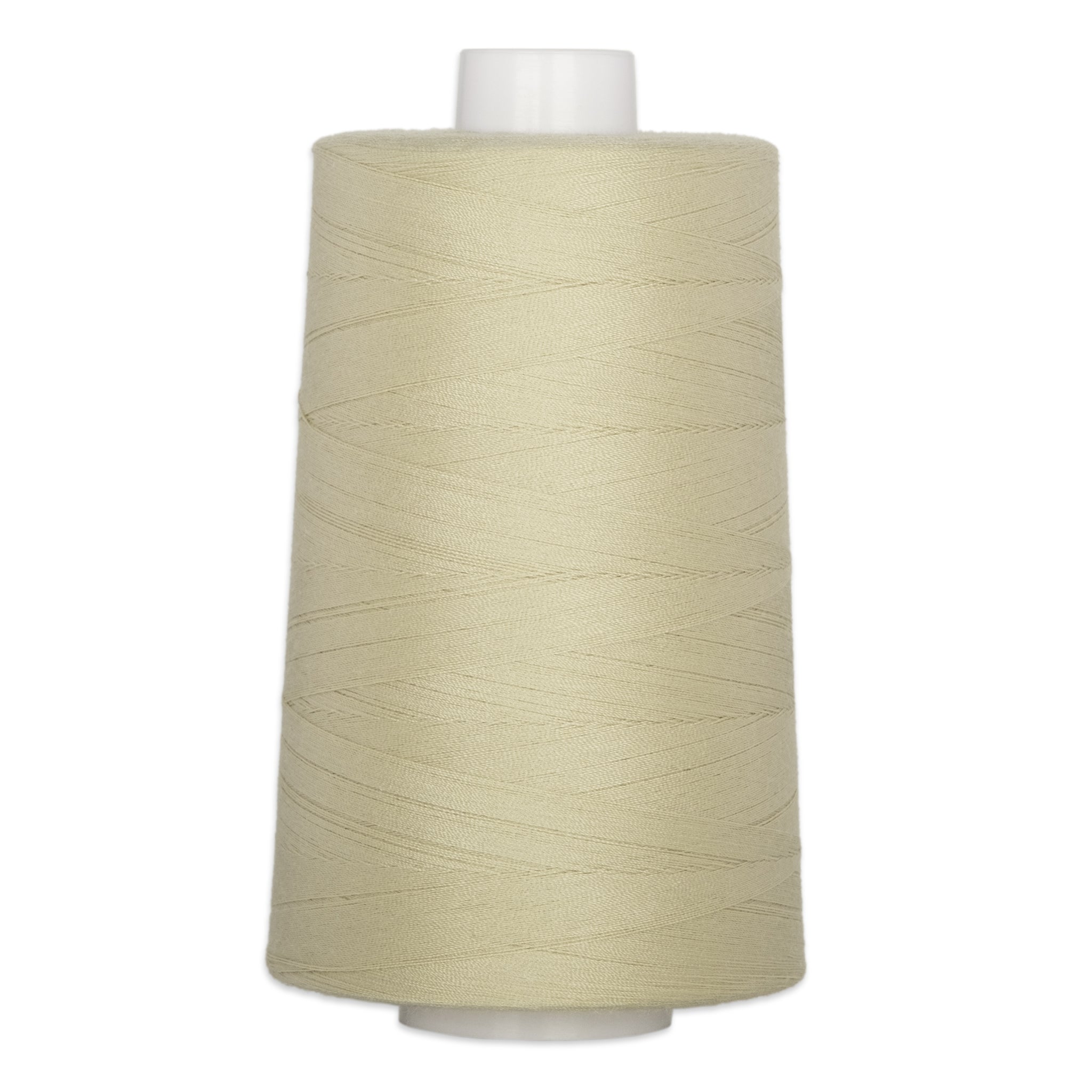 Oyster colored thread wound on a white plastic cone spool
