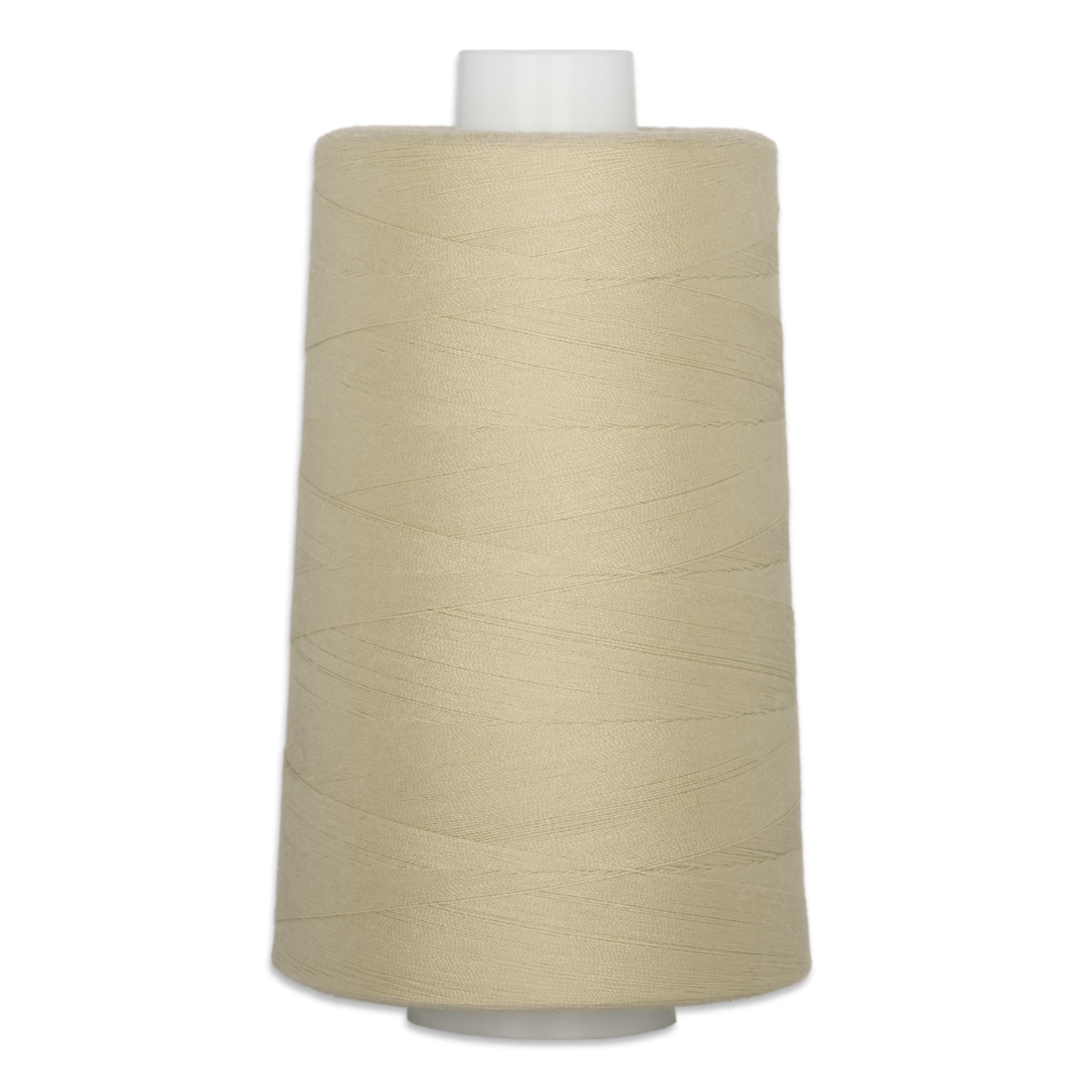 Sandcastle beige thread wound on white plastic cone with neat horizontal wrapping