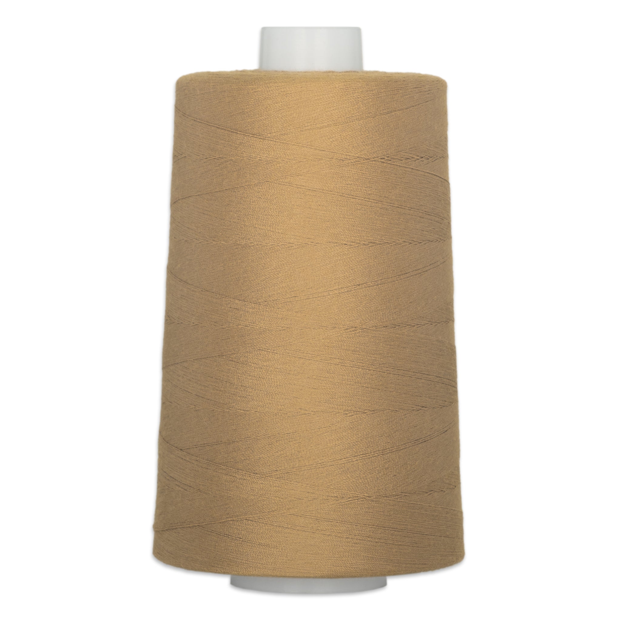 Coyote brown thread wound on large white cone spool with smooth, even layers