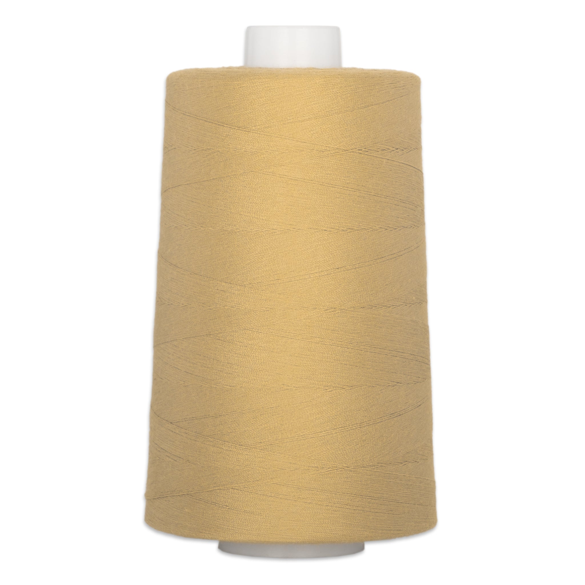 Granola-colored thread wound on white plastic cone, showing smooth polyester thread texture