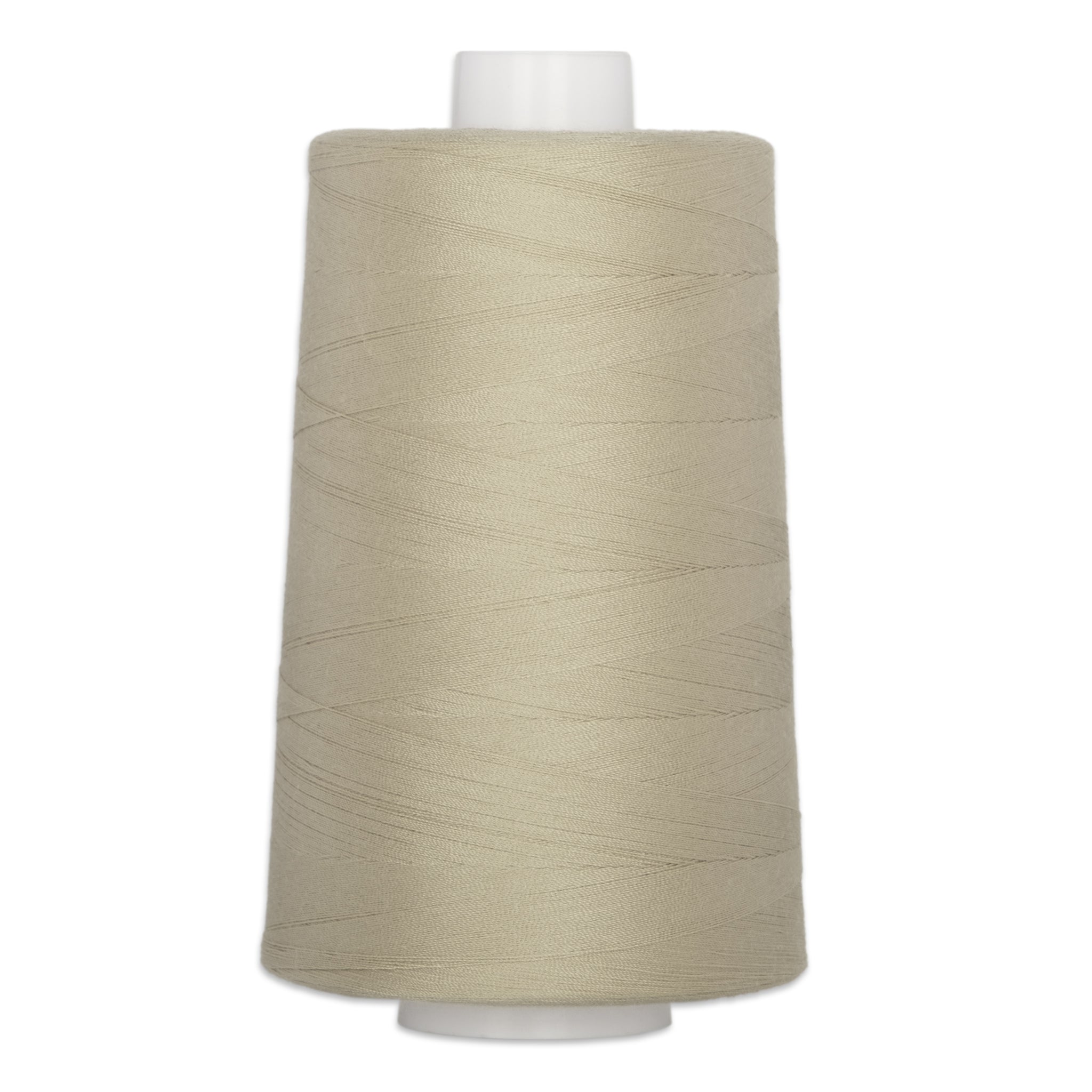 Light oak colored quilting thread wound on white plastic cone spool