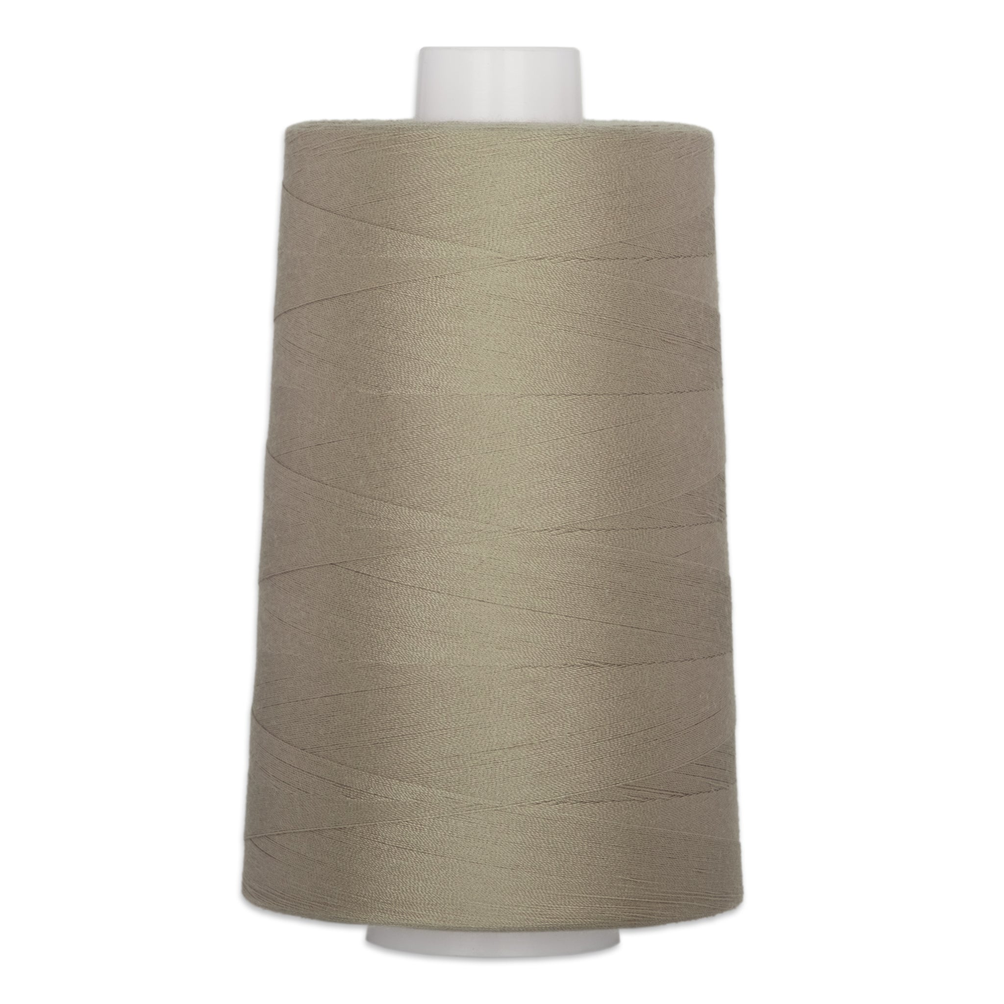 Canadian Geese colored thread cone with beige-gray thread wound on white plastic cone spool