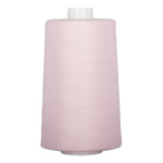 Pink opal thread wound on white plastic cone spool with tapered shape