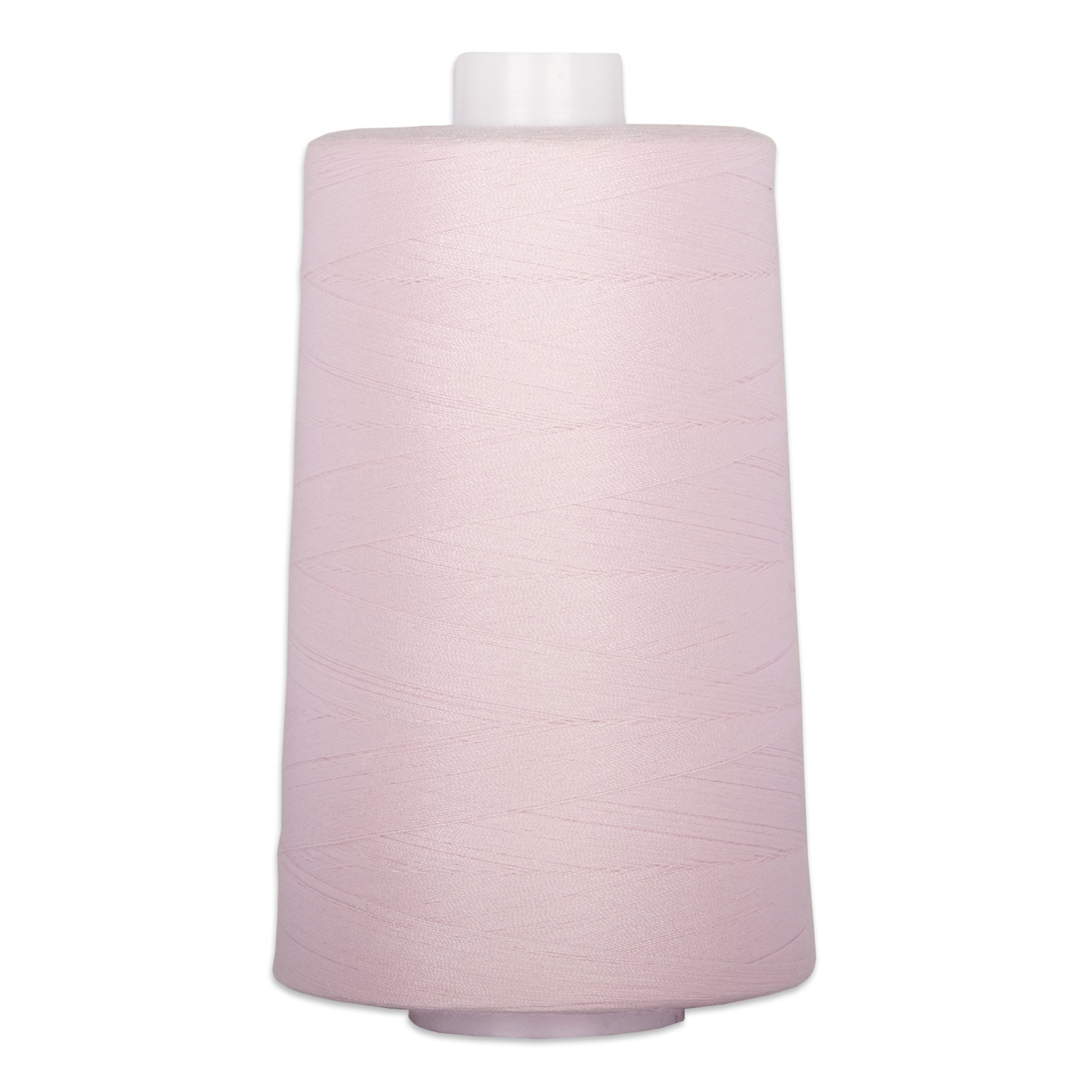 Pink opal thread wound on white plastic cone spool with tapered shape
