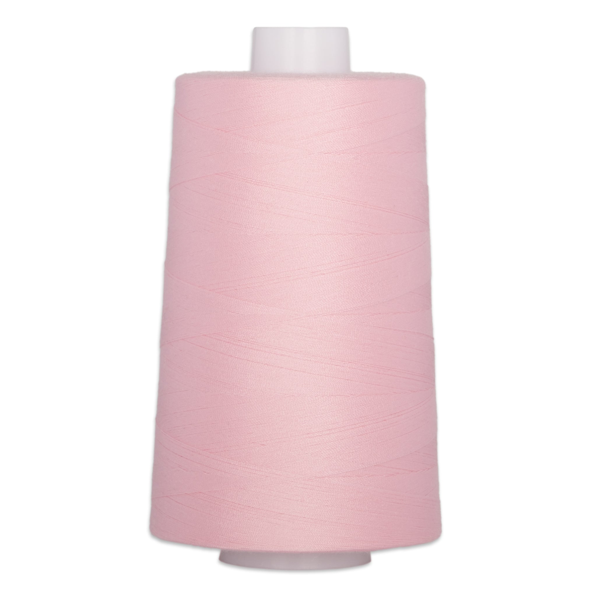 Light pink thread wound on a white plastic cone spool