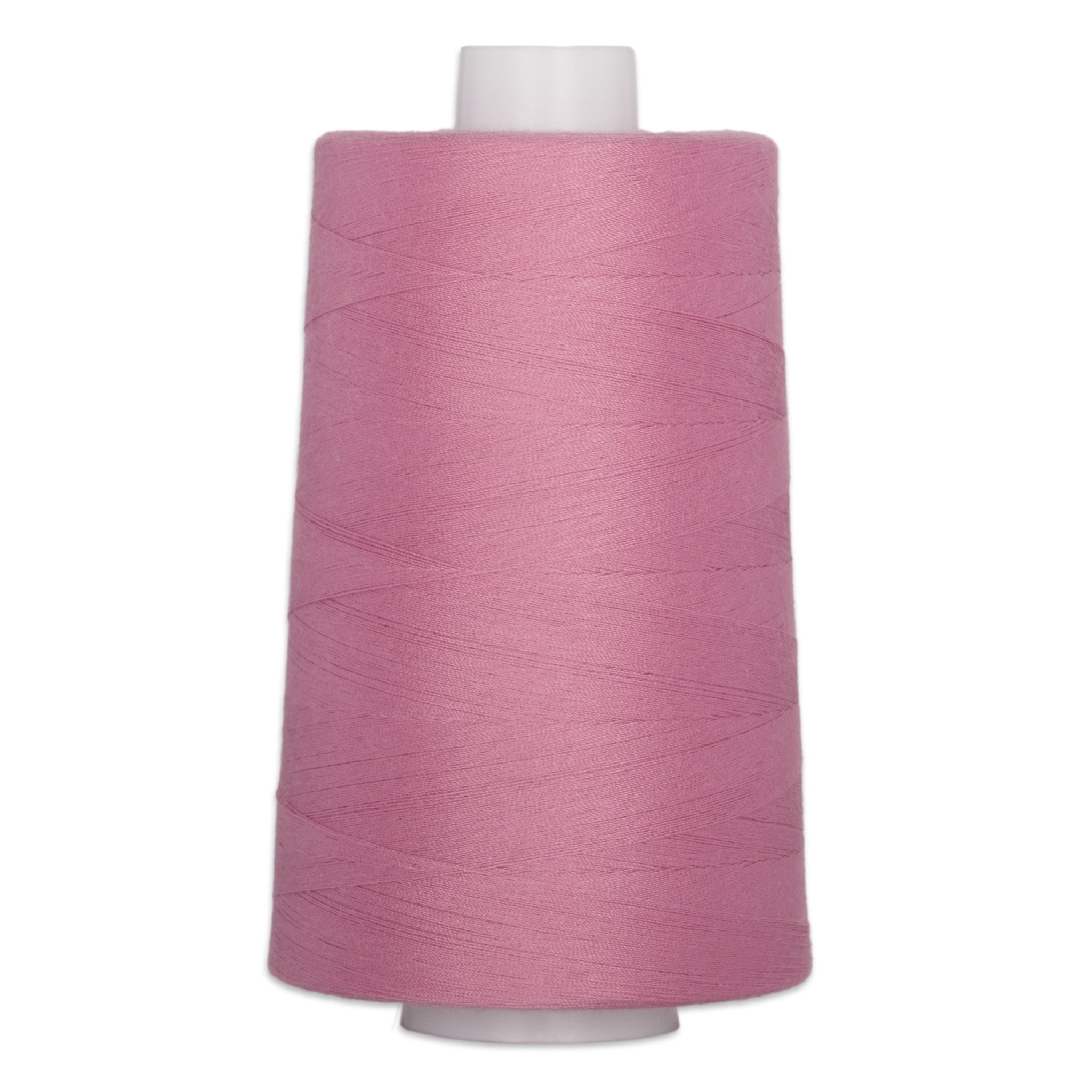 Pink thread wound on white plastic cone, showing smooth even wrapping and full coverage