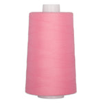 Pink thread on white plastic cone, tightly wound with smooth finish