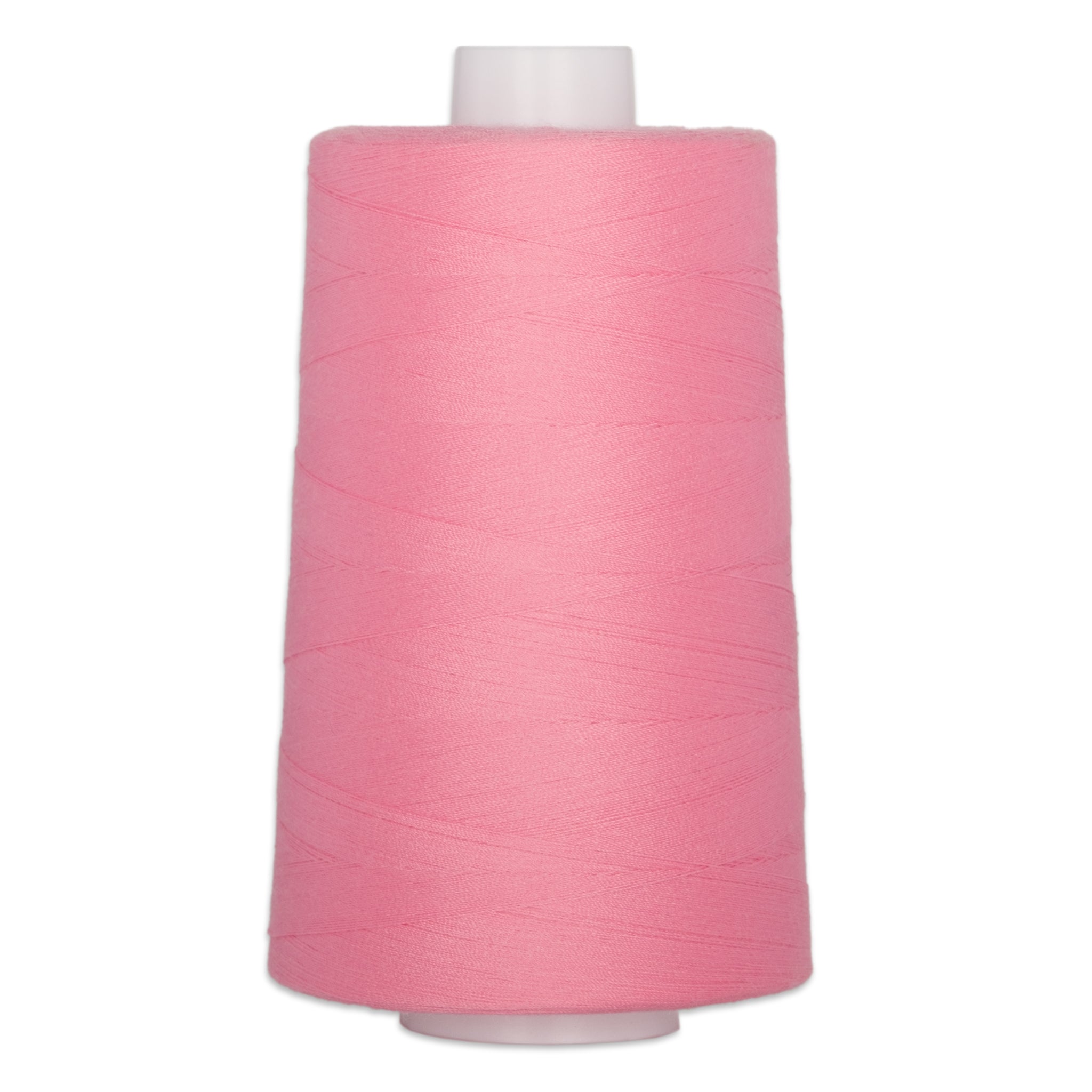 Pink thread on white plastic cone, tightly wound with smooth finish