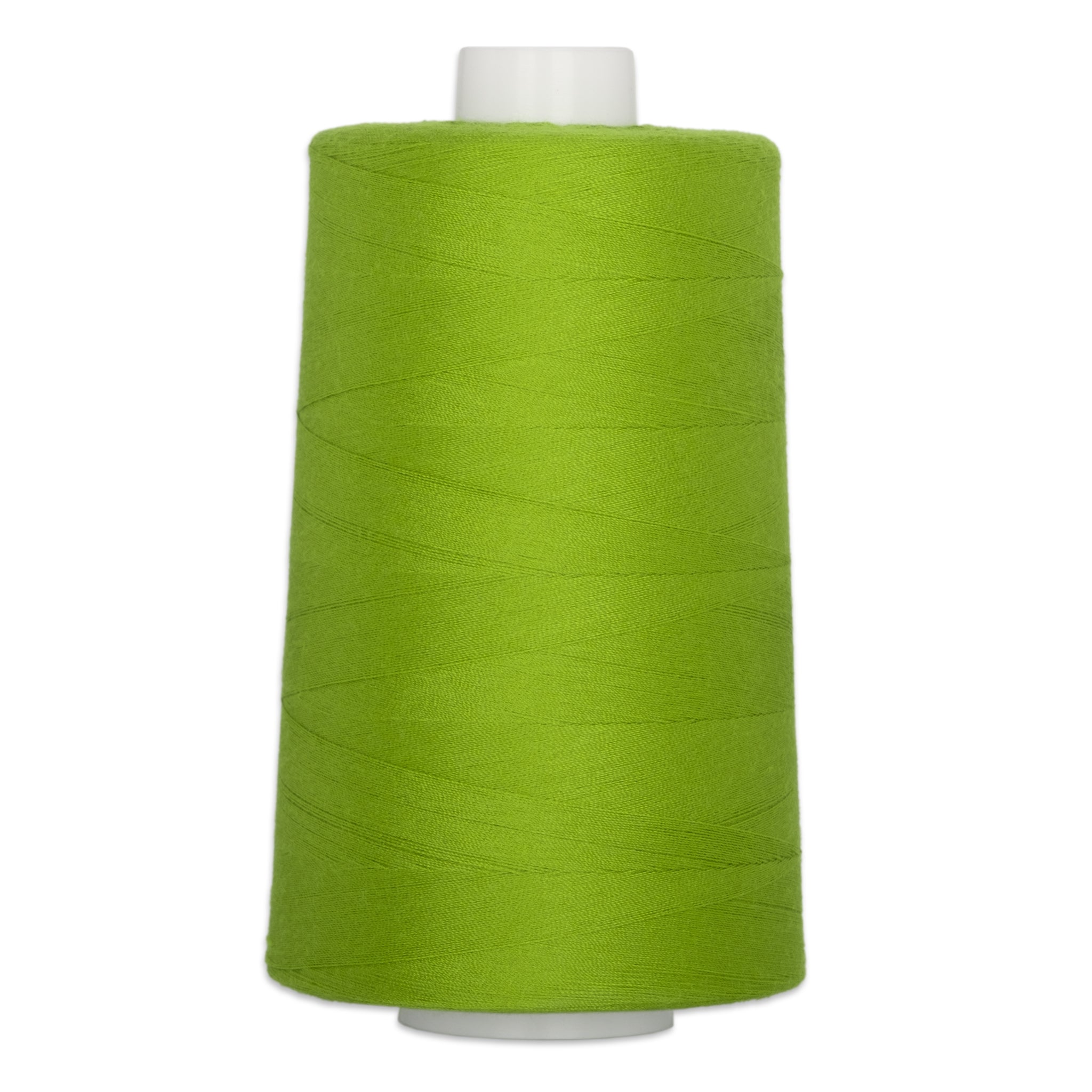 Large cone of bright lime green polyester quilting thread on white plastic spool.