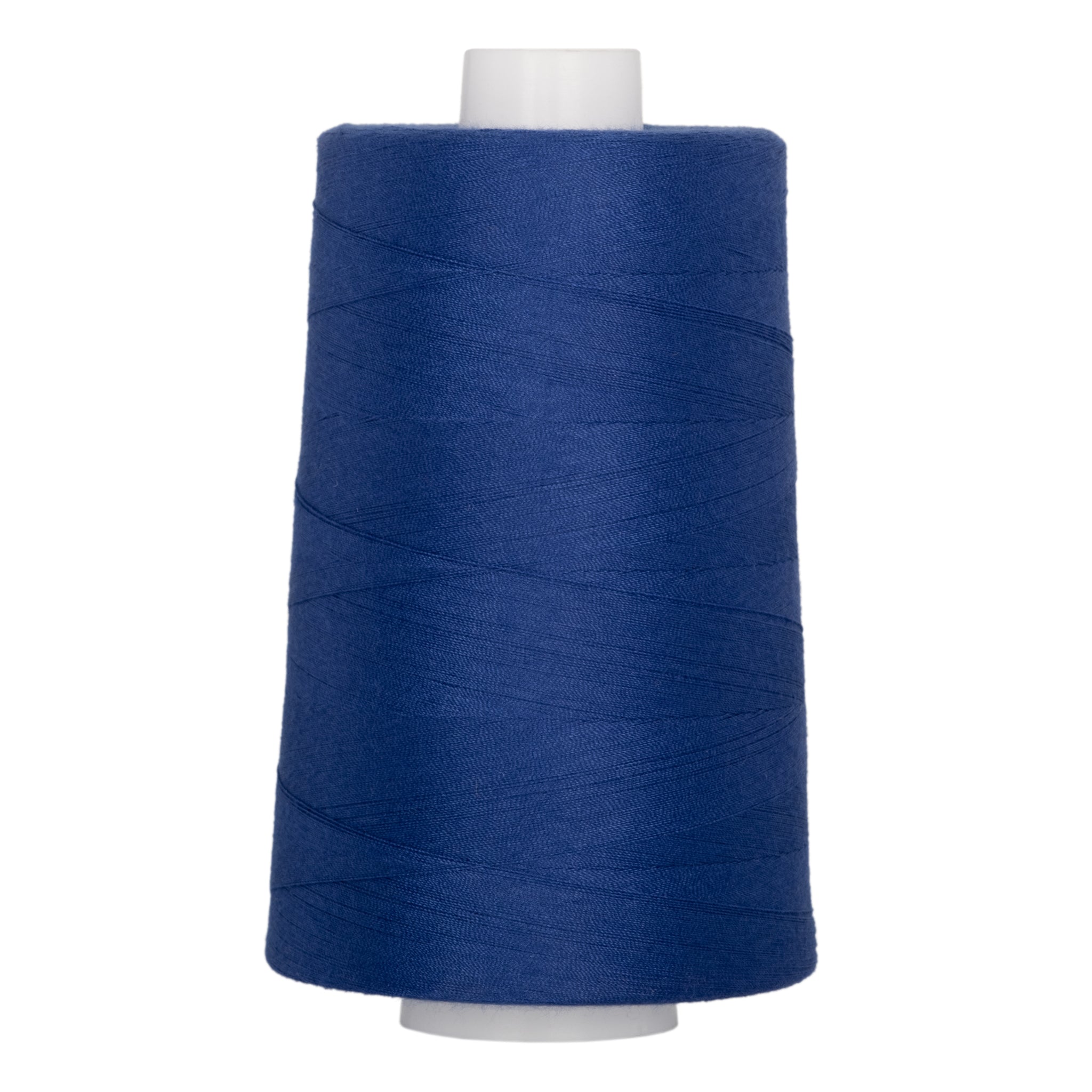 Blue polyester quilting thread on white plastic cone, 40 weight, 6000 yards.