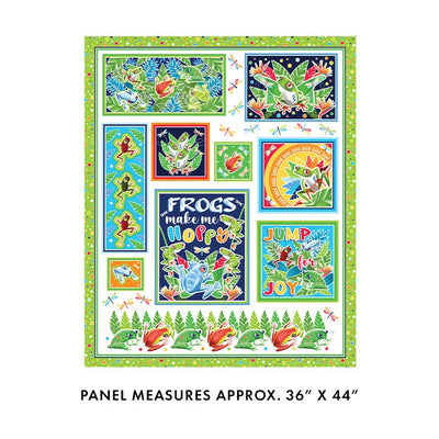 Colorful fabric panel featuring various frog designs and tropical motifs with "FROGS make me HOPPY" text, bordered in green polka dots.