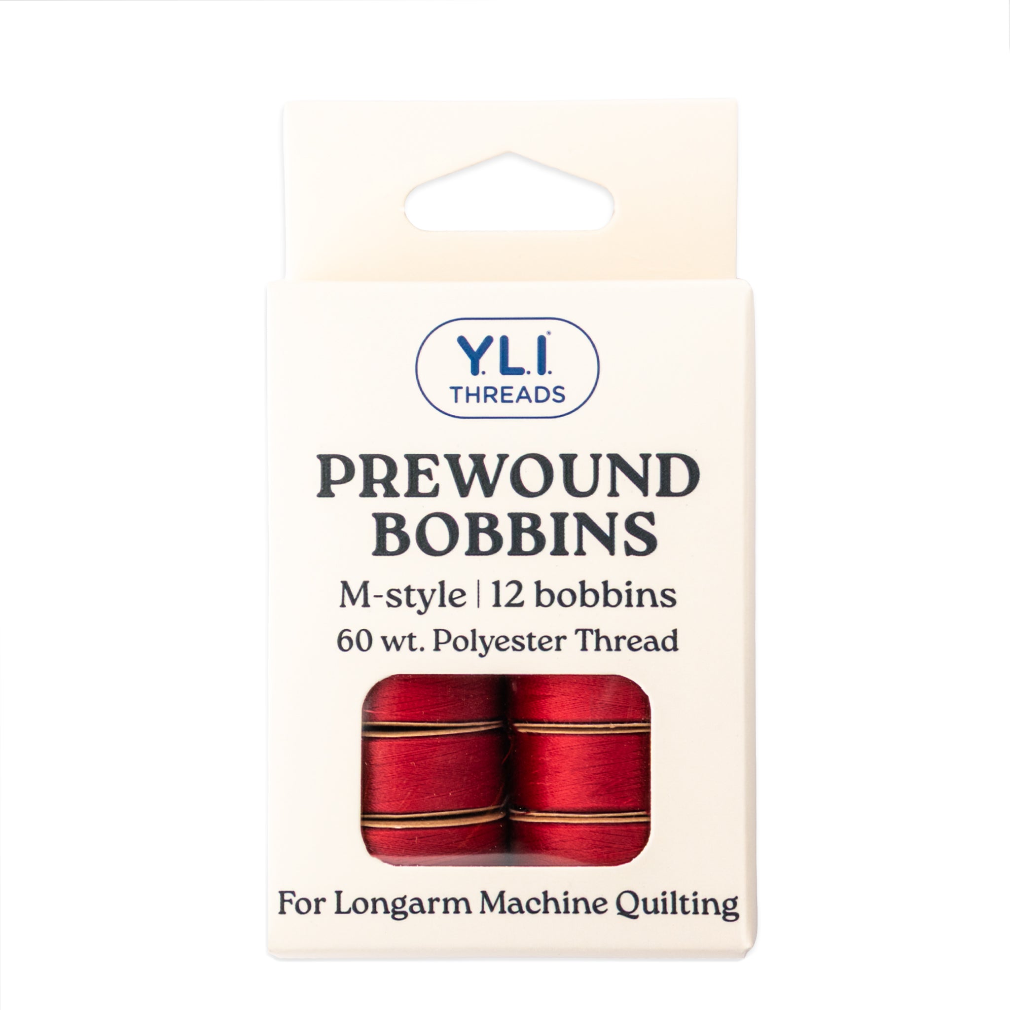 Red M-style prewound bobbins for longarm quilting