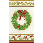 Christmas wreath panel with red ribbon and cardinal birds on cream background with decorative holly borders
