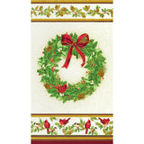 Christmas wreath panel with red ribbon and cardinal birds on cream background with decorative holly borders