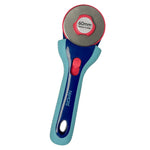A 60mm rotary cutter with blue and turquoise ergonomic handle, red safety button, and circular cutting blade with protective guard.